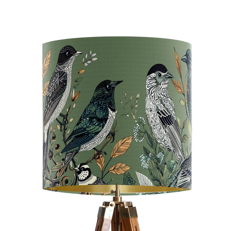 Fancy Flock Bird Lampshade, Green Large lamp shade with gold lining, botanical lampshade for table lamp or pendant Designer lamp shade image 6