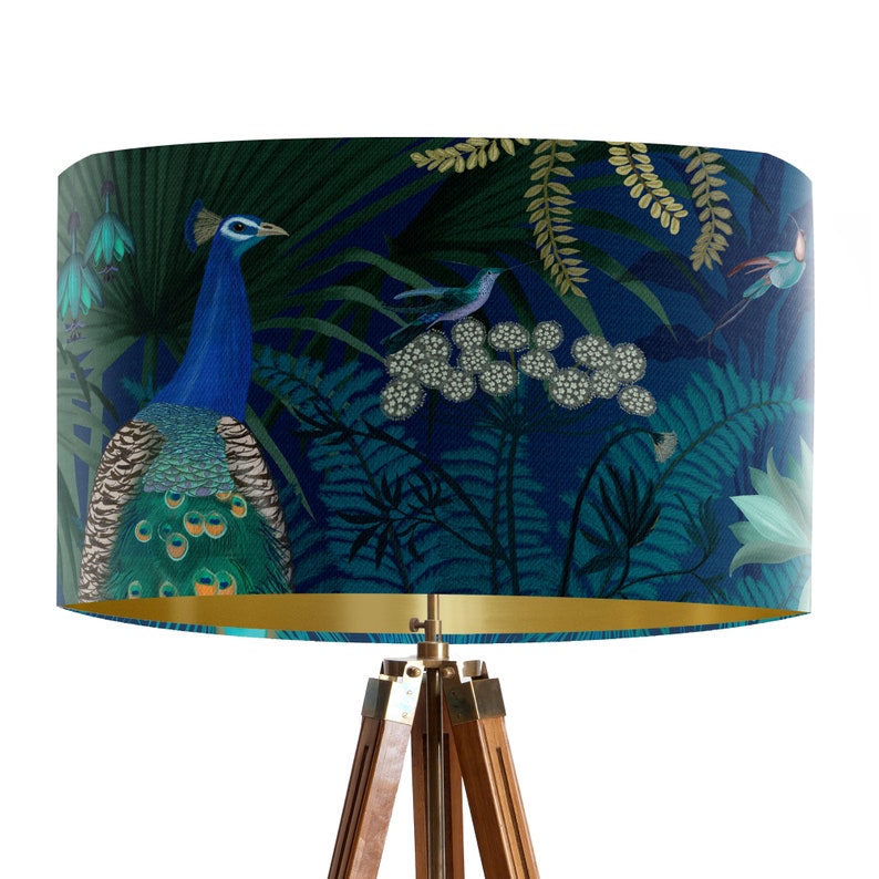 Peacock Garden Lampshade on Blue Large lamp shade with gold lining lampshade for table lamp pendant lamp shade for ceiling turquoise decor image 5