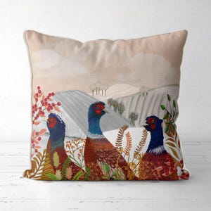 Bird pillow cover, Pheasant trio In winter field, British bird wildlife cushion, Country cottage seasonal decor, Christmas pillow cover