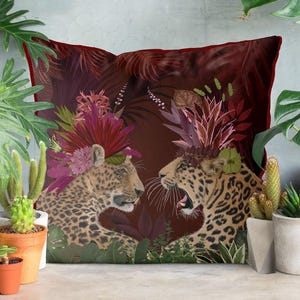Red whimsical leopard pillow cover, tropical jungle throw cushion