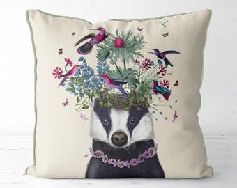 Whimsical Badger Pillow Cover, Colourful Hummingbirds, Butterflies and Woodland Animal Cushion for Cottagecore Decor