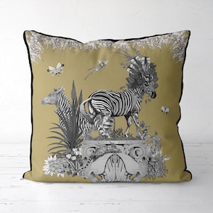 Zebra Pillow Cover on Gold, Designer pillow cover, jungle theme decor,  tropical decor, tropical pillow, mustard throw pillow, handmade