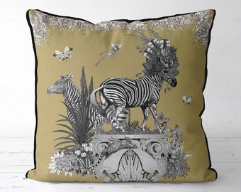 Zebra Pillow Cover on Gold, Designer pillow cover, jungle theme decor,  tropical decor, tropical pillow, mustard throw pillow, handmade