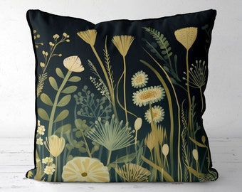 Olive Green, Cream, Gold and Black Floral Pillow Cover, chic modern botanical cushion cover in beautiful dark tones, modern country decor