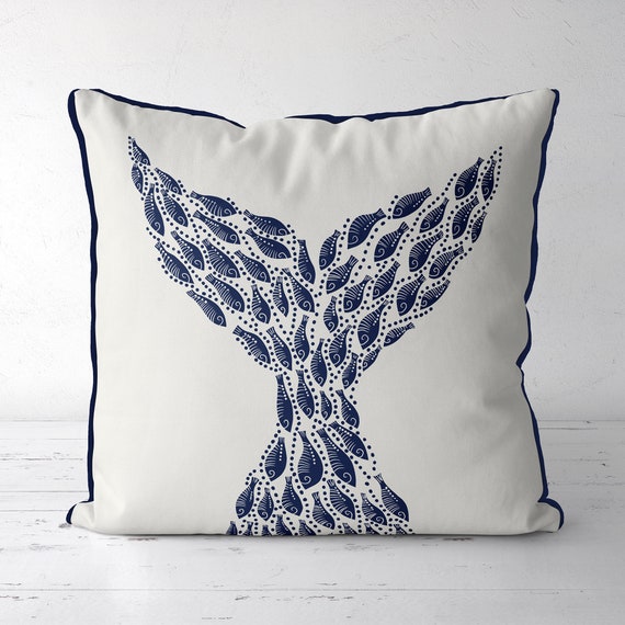 Modern Coastal Pillow Covers Coastal Throw Pillows Little Fishes Whale Fish  Tail Midnight Blue on White Coastal Style Nautical Pillow Covers 