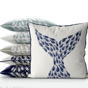 Modern Coastal Pillow Covers Coastal Throw Pillows Little Fishes Whale Fish Tail Midnight Blue on White Coastal Style Nautical Pillow Covers Etsy
