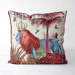 Lion Pillow Cover, Decorative Cushion Cover in Red with Floral Accents for Bold Whimsical Preppy Grandmillennial Maximalist Homes