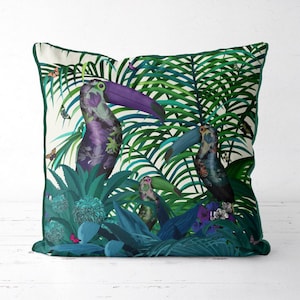 Bold floral toucan pillow cover, colourful tropical cushion cover