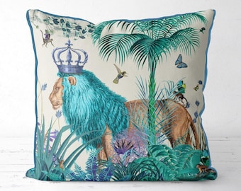 Blue lion pillow cover with butterflies, whimsical grandmillennial cushion cover for bold maximalist interiors