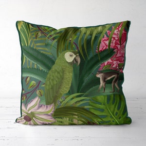 Indoor / Outdoor Tropical Bird Pillow Cover, Green Parrot and monkey Throw Cushion Cover, Colorful Exotic Bird Design, Jungle home decor