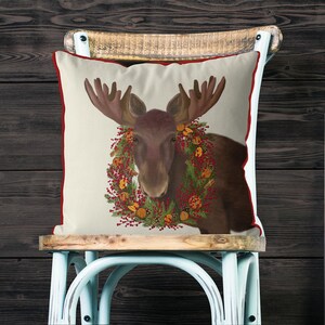 Christmas pillow cover, Moose orange & cranberry wreath cushion, Festive decor for home, Woodland animal Xmas cushion print on both sides image 5