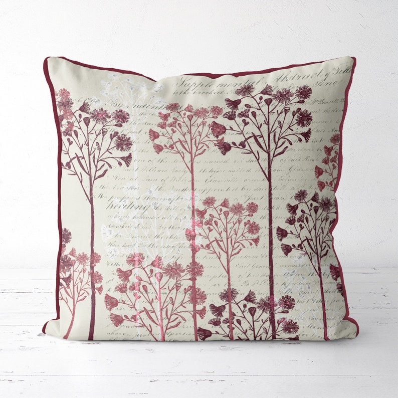 Dark Red Pillow Cover Botanical Print Botanical Pillow Cover