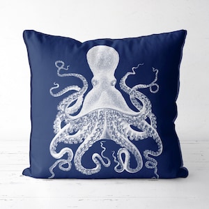 Blue Octopus square cushion cover Octopus Pillow Cover in Cotton Duck