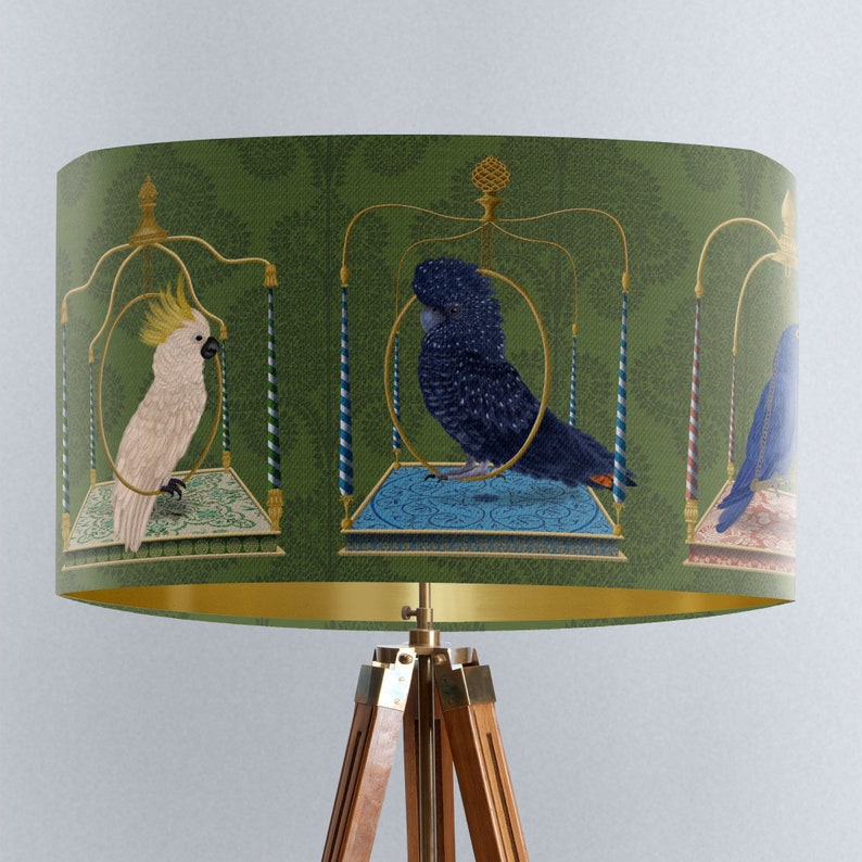 Parrot Swing Lamp shade on Verdant Green Large lamp shade with gold lining, lampshade for table lamp pendant lamp shade for ceiling image 5