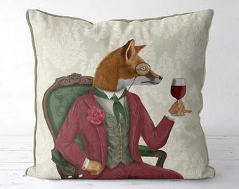 Wine Taster Fox Pillow Cover, Regency Animal Cushion, Country House Bar Decor, Distinguished Gift for Wine Lover