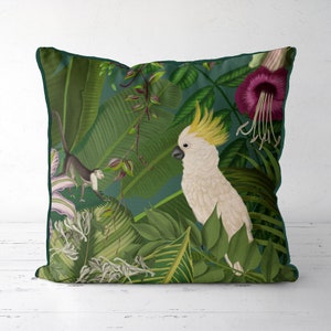 Indoor / Outdoor Tropical Bird Pillow Cover, White Cockatoo and monkey Throw Cushion Cover, Colorful Exotic Bird Design, Jungle Parrot