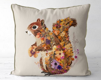 Cute Squirrel Pillow Cover, Woodland Cushion Cover earth tones floral squirrel illustration, cute nursery throw pillow, country home decor