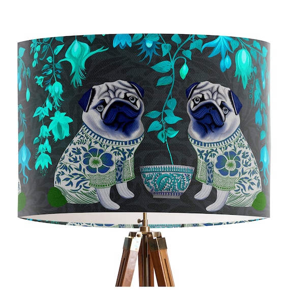 Chinoiserie Pugs on Charcoal Lamp Shade Turquoise Green and Blue