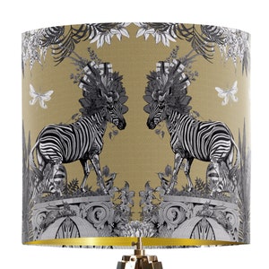 Gold Tropical Zebra Lamp Shade Jungle design table or pendant lamp shade. gold metallic lining, luxury designer fabric lampshade handmade image 1