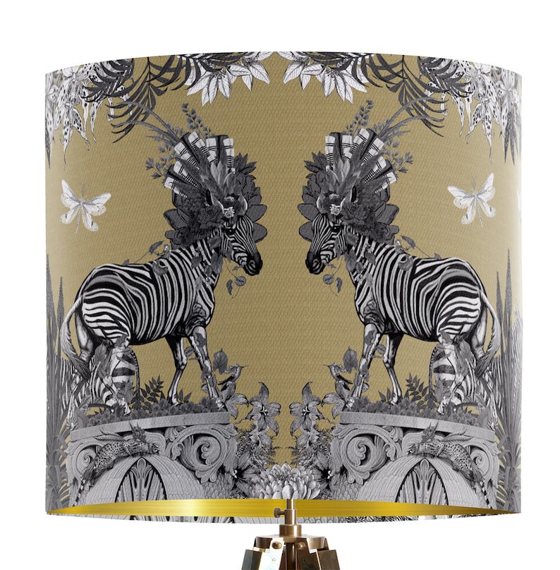 Gold Tropical Zebra Lamp Shade Jungle design table or pendant lamp shade. gold metallic lining, luxury designer fabric lampshade handmade image 1