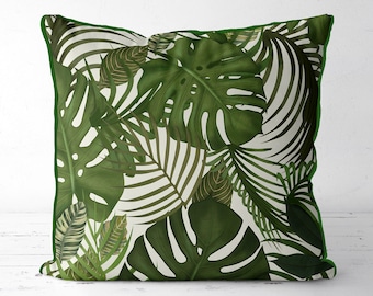 Tropical Pillow, palm leaf pillow, green pillow, scatter cushion throw pillow, toss pillow, Cushion covers UK - Tropical Leaves Green