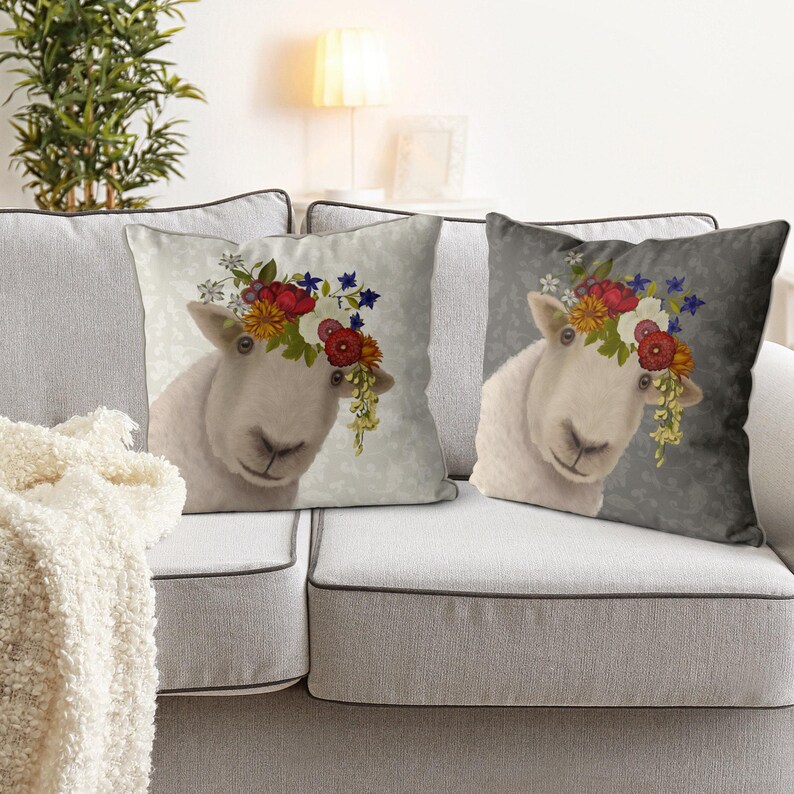 Pretty sheep farmhouse pillow, lamb accent pillow, sheep throw pillow farm animals pillows, sheep gifts, farm gifts, farm nursery, Bohemian image 5