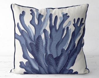 Coastal Pillows - Blue coral cushion, coral pillow, nautical decor, coastal cushion, BLUE CORAL 17