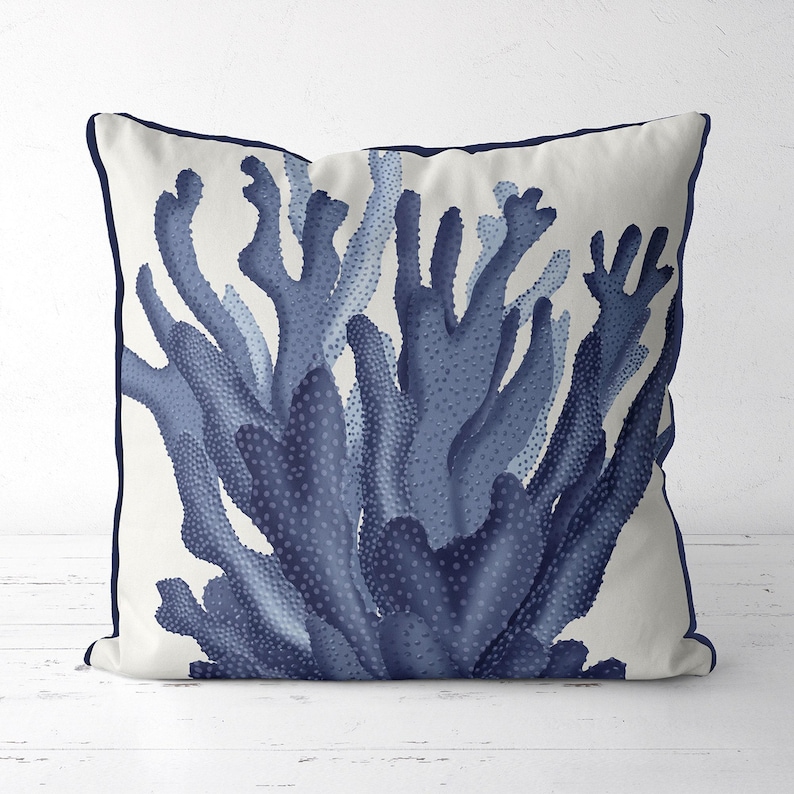 Coastal Pillows - Blue coral cushion, coral pillow, nautical decor, coastal cushion, BLUE CORAL 17 image 1