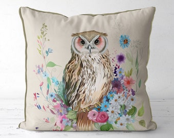 Owl Pillow Cover, Woodland Cushion Cover floral owl illustration, cute nursery throw pillow, country home style, colourful floral accent