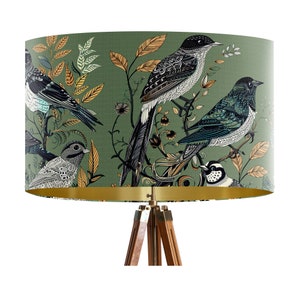 Fancy Flock Bird Lampshade, Green Large lamp shade with gold lining, botanical lampshade for table lamp or pendant Designer lamp shade image 3
