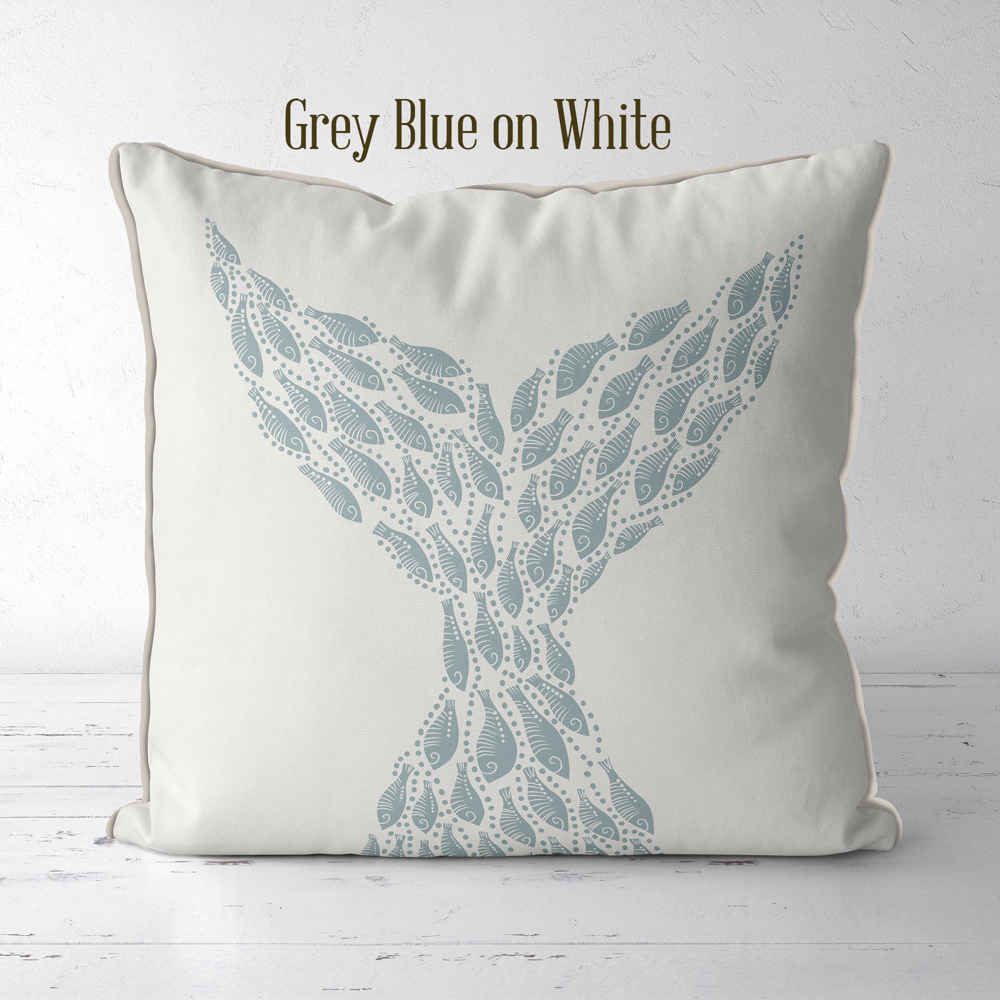 White on Taupe Coastal throw pillow Cover Little Fishes Whale Etsy