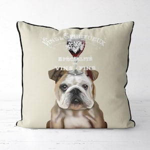 English Bulldog Pillow Cover, Funny Dog Cushion, Wine Lover Gift for Bulldog Owners