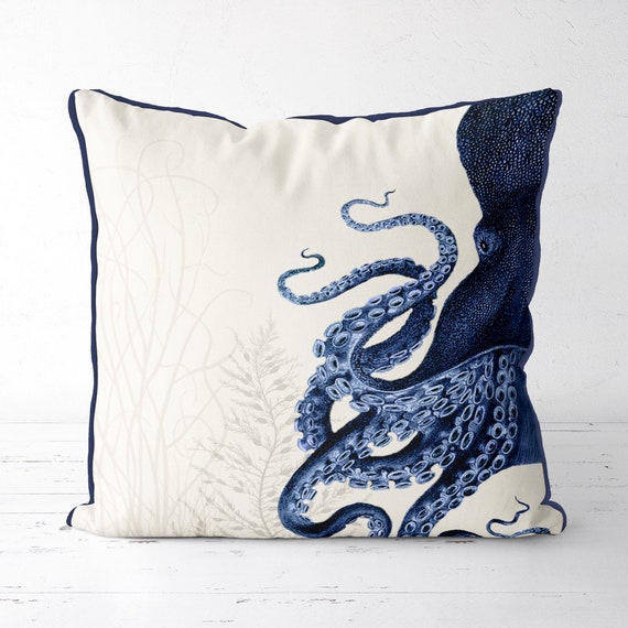 Modern Coastal Pillow Covers Coastal Throw Pillows Little Fishes Spiral  Shell Midnight Blue on White Coastal Style, Nautical Pillow Covers 