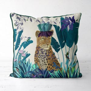 Blue leopard pillow cover, whimsical exotic safari cushion cover with bold jungle art