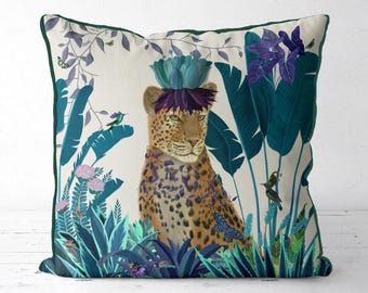 Blue leopard pillow cover, whimsical exotic safari cushion cover with bold jungle art