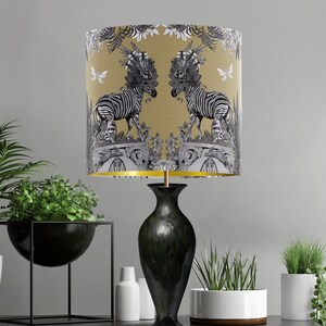 Gold Tropical Zebra Lamp Shade Jungle design table or pendant lamp shade. gold metallic lining, luxury designer fabric lampshade handmade image 3