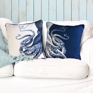 Set of 2 Octopus Pillow Covers, Navy Blue White Pillow Nautical Pillow, Beach House Coastal Living Decor, Under the Sea Themed Throw Pillows image 2