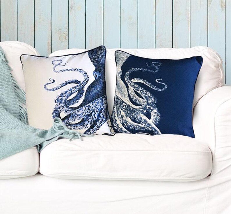 Set of 2 Octopus Pillow Covers, Navy Blue White Pillow Nautical Pillow, Beach House Coastal Living Decor, Under the Sea Themed Throw Pillows image 2
