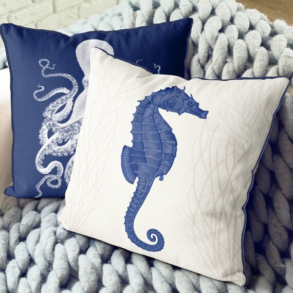 Nautical Embroidered Pillow Cover - 18" Square Seahorse Design Cotton Canvas Decor