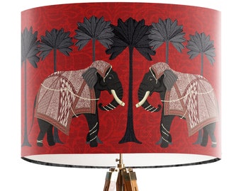 Elephant lampshade in red and black, Indian Elephant lamp shade, jungle animal lamp, ethnic lampshade, boho home, handmade designer fabric
