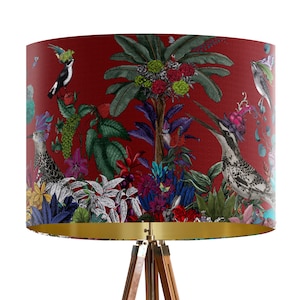 Red Bird lampshade, Glorious Plumes Design, large fabric lamp shade with gold lining, red lampshade for table lamp or pendant handmade in UK