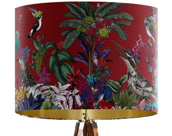 Red Bird lampshade, Glorious Plumes Design, large fabric lamp shade with gold lining, red lampshade for table lamp or pendant handmade in UK