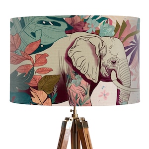 Colourful Tropical lampshade with elephant, bold modern abstract lamp shade with botanical design, for table or ceiling, designer home decor