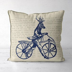 Quirky deer pillow cover, whimsical woodland cycling cushion cover for unique cyclist gift