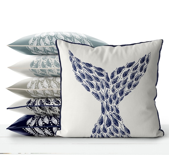 Modern coastal pillow covers Coastal throw pillows Little Fishes Whale Fish Tail Midnight Blue on White Coastal style Nautical pillow covers