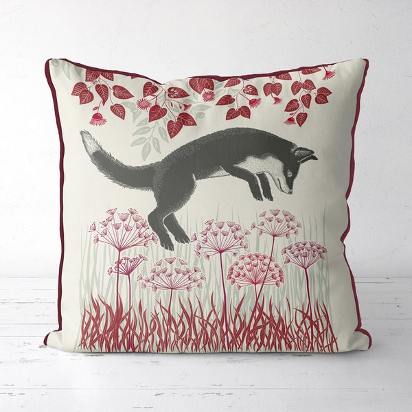 Red Fox pillow cover - Country Lane Fox 4 - leaping fox print, foxy cushion cover, Fall decor, country animal pillows woodland decor UK shop