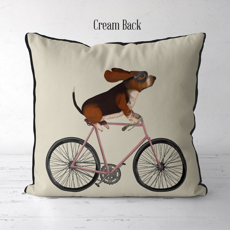 Basset Hound Pillow Cover, Basset Hound on Bicycle, Dog on Bike Cushion Cover, Cute Basset Hound Gift idea for owner, Funny Basset Hound pic image 5