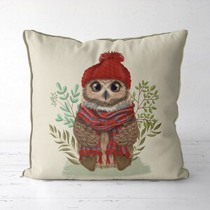 Owl & Tartan Scarf Pillow Cover - woodland animal throw pillow cover woodland nursery decor childrens cushion kids room cabin decor