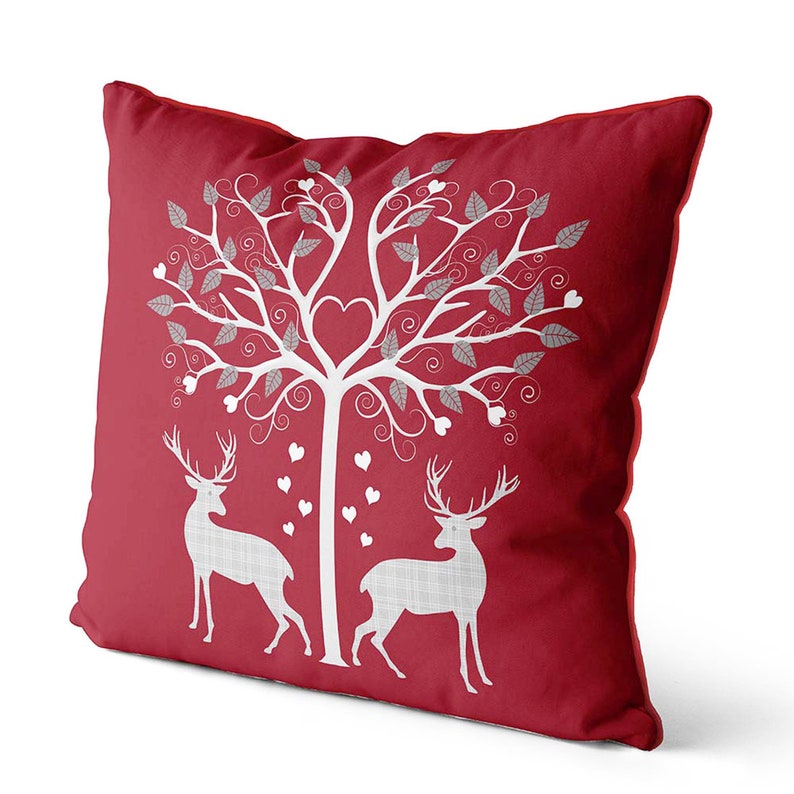 Christmas pillow Nordic style Deer Cushion cover Scandinavian style deer pillow Deer Heart Tree Grey On Red scandinavian decor xmas cushion image 2