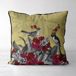 Blooming Birds Azalea Gold Mustard Pillow Cover - Add an Elegant Touch to Your Decor with Accent Cushion, Perfect as Toss or Eurosham Pillow